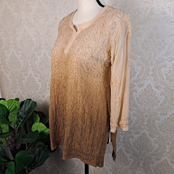 Ombre Embroidered Silk Tunic Cream/Tan/Brown 3/4 Sleeves small/Medium EUC - Picture 5 of 10